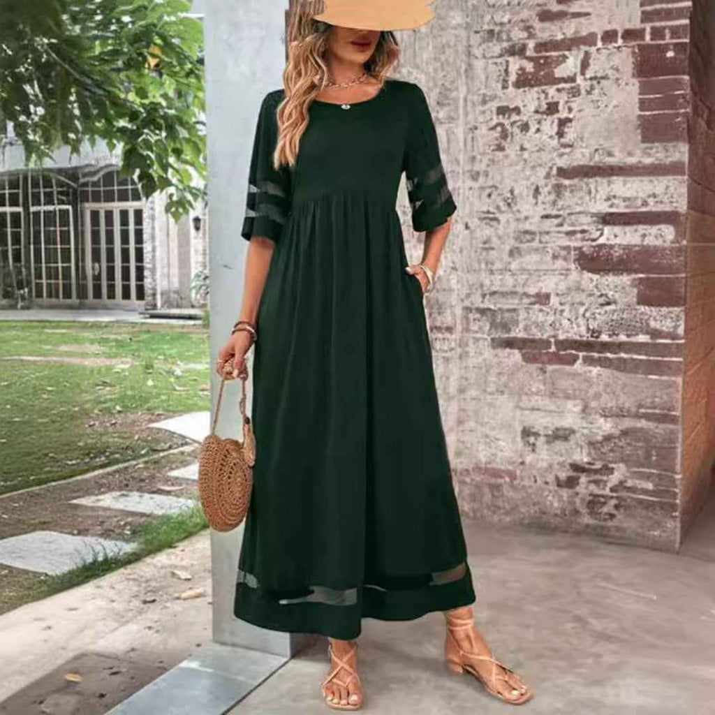 Patchwork Round Neck Mesh Pocket Skirt - Fashionable Casual Wear