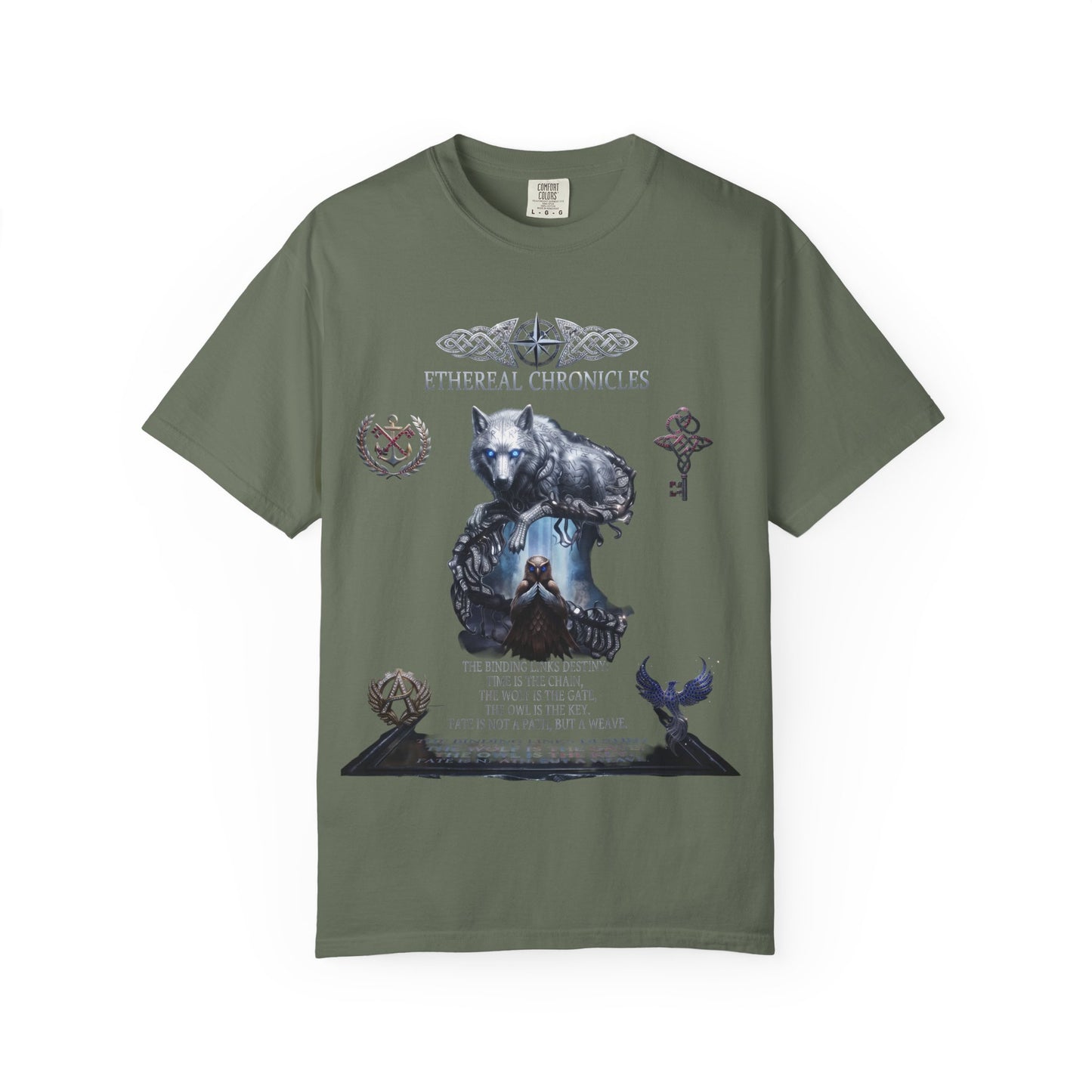 Ethereal Chronicles Graphic Tee | Mythical Wolf & Celestial Owl Shirts for Men & Women | Dark Fantasy Gothic Aesthetics Heavyweight Comfort Colors 1717 T-Shirt