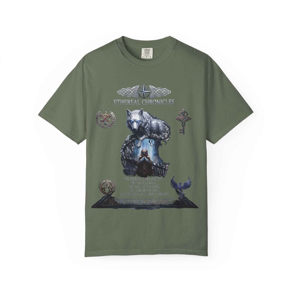 Mythical Wolf & Celestial Owl Graphic Tee, Dark Gothic Heavyweight Unisex