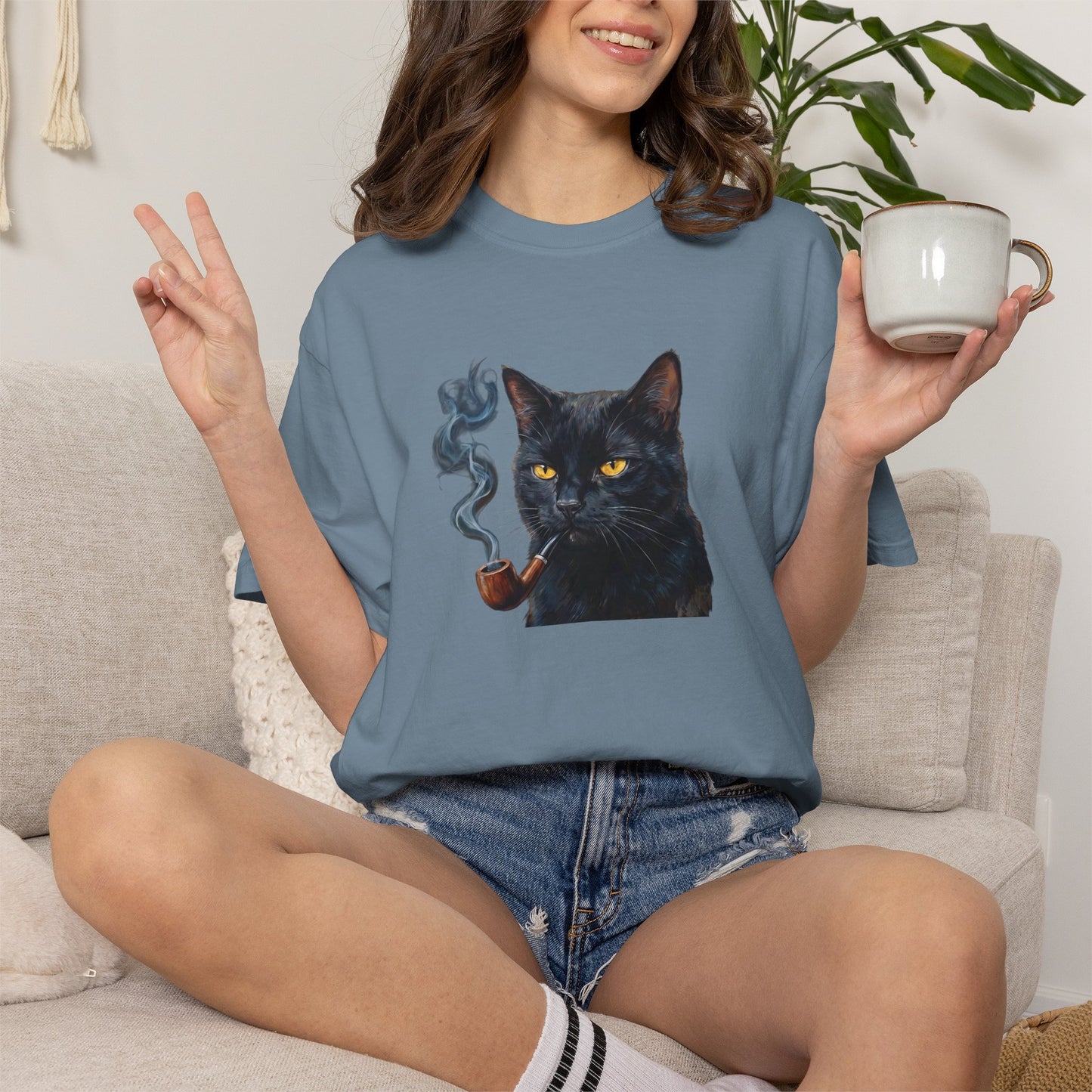 Smoking Cat Graphic T-Shirt — Retro Black Cat with Pipe Tee