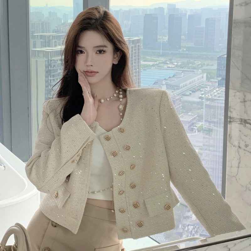 Sequin Crew Neck Wool Cropped Jacket
