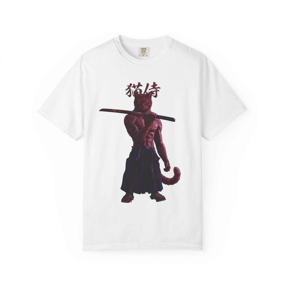 Heavyweight Vintage Red Samurai Cat Tee - Boxy Graphic Tee for Dark Aesthetic Fans