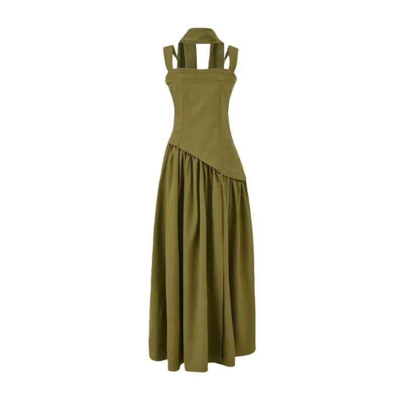 Elegant Olive Green Maxi Dress Summer Flowy Long with Scarf