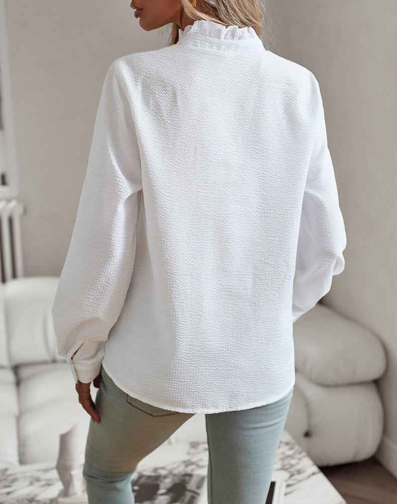 Striped Long Sleeve Button-Up Blouse with Ruffle Detail, Casual Office Shirt for Women