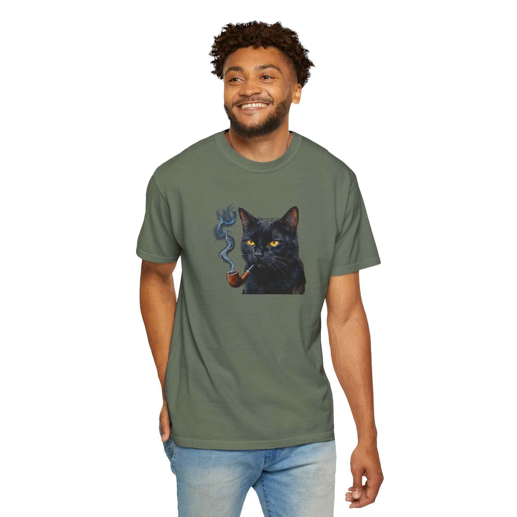 Smoking Cat Graphic T-Shirt — Vintage Noir Cat with Pipe Tee