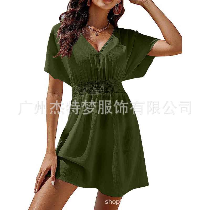 Elegant Women's V-Neck Pleated Chiffon Skirt Dress