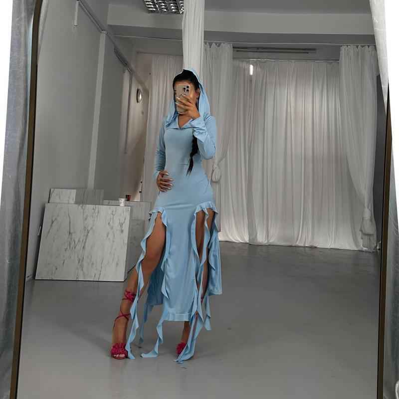 Hooded Long Sleeve Irregular Style Women's High Waist Dress