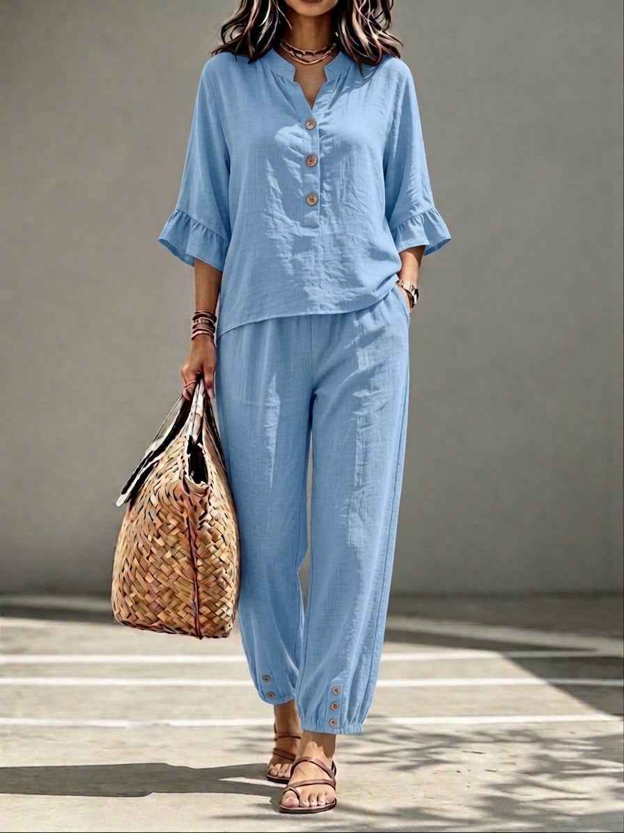 Women's Retro V-Neck Top & Cropped Wide Leg Trousers Set, Casual Button Three-Quarter Sleeve Office Suit