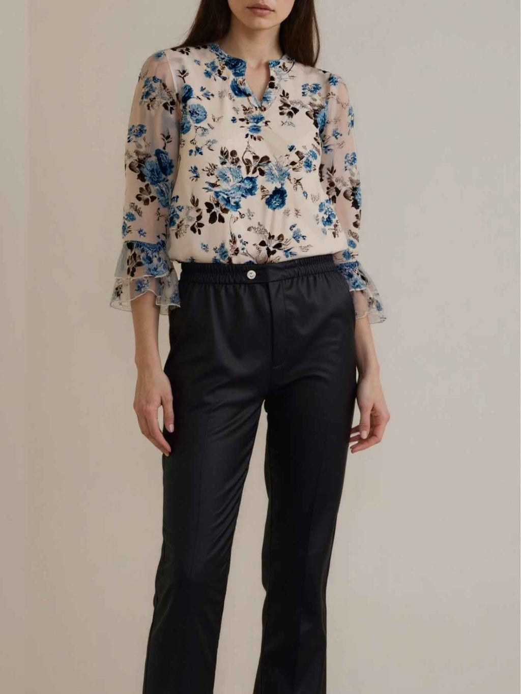 Elegant Chiffon Women's V-Neck Top with Lotus Leaf Sleeves