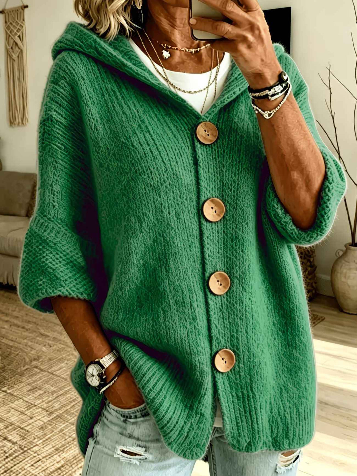 Women's Solid Color Hooded Cardigan Sweater - Casual Loose Fit Knit Top