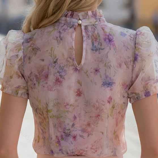 Floral Chiffon Blouse with Lace Trim - Women's Sweet Style Summer Top
