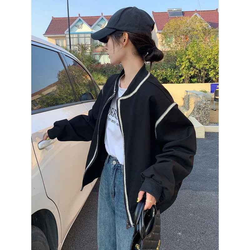 Korean Simple Round Neck Baseball Jacket
