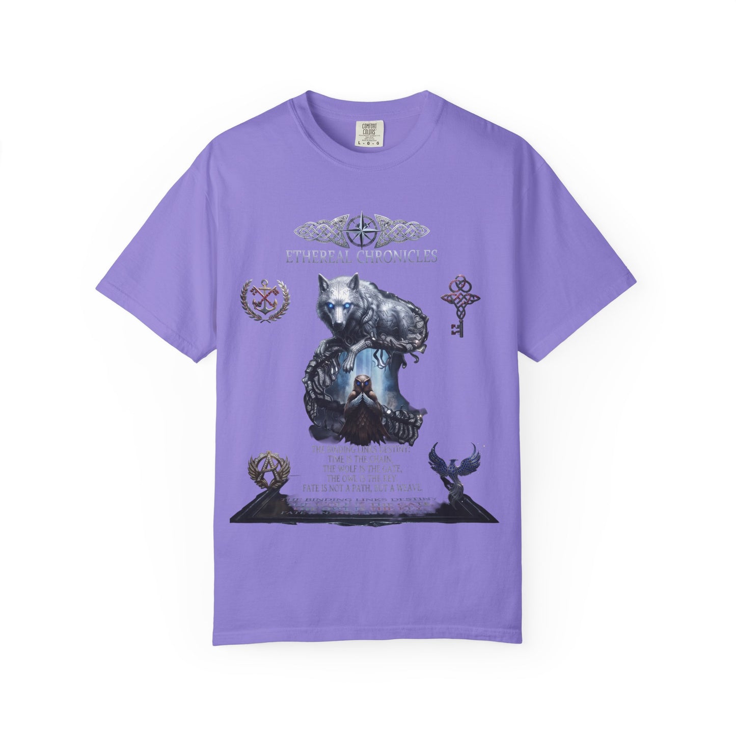 Ethereal Chronicles Graphic Tee | Mythical Wolf & Celestial Owl Shirts for Men & Women | Dark Fantasy Gothic Aesthetics Heavyweight Comfort Colors 1717 T-Shirt