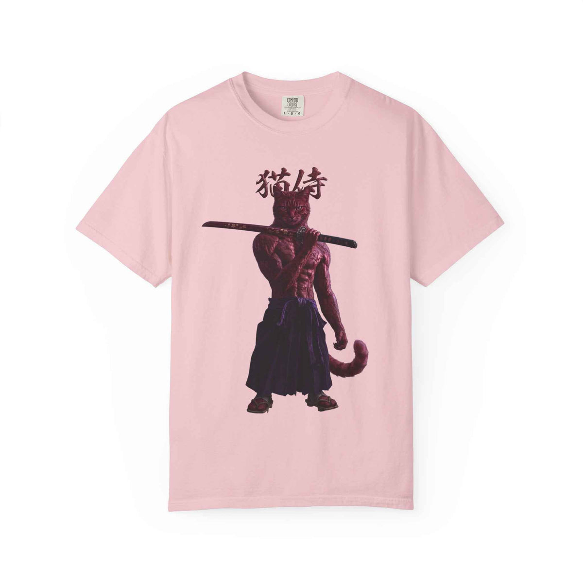 Heavyweight Vintage Red Samurai Cat Tee - Boxy Graphic Tee for Dark Aesthetic Fans