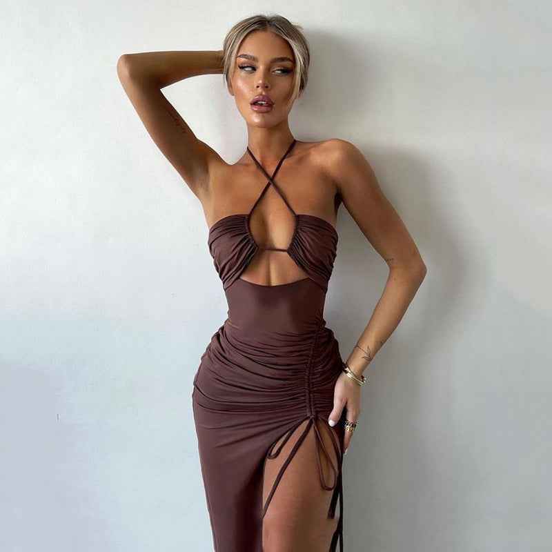 Halterneck Lace-Up Split Dress - Y2K Party Style