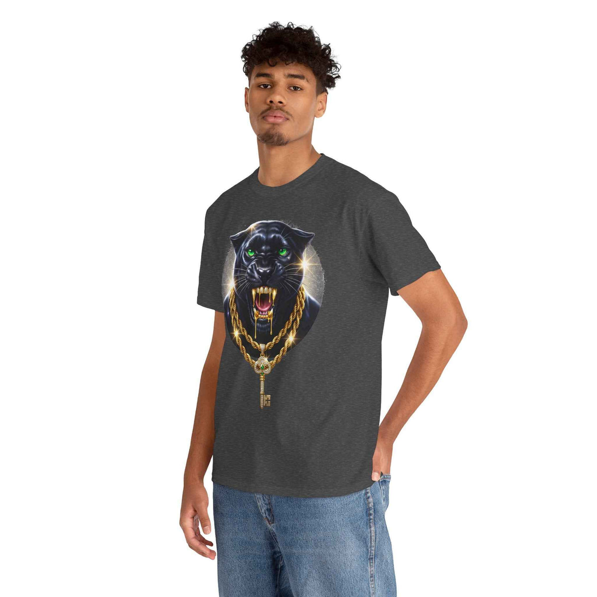 Luxury Black Panther Graphic Tee with Gold Chains & Key