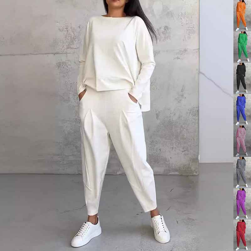 Women's Irregular Suit Long Sleeve Round Neck Top & Loose Harem Pants with Pockets - Fashion Casual Set