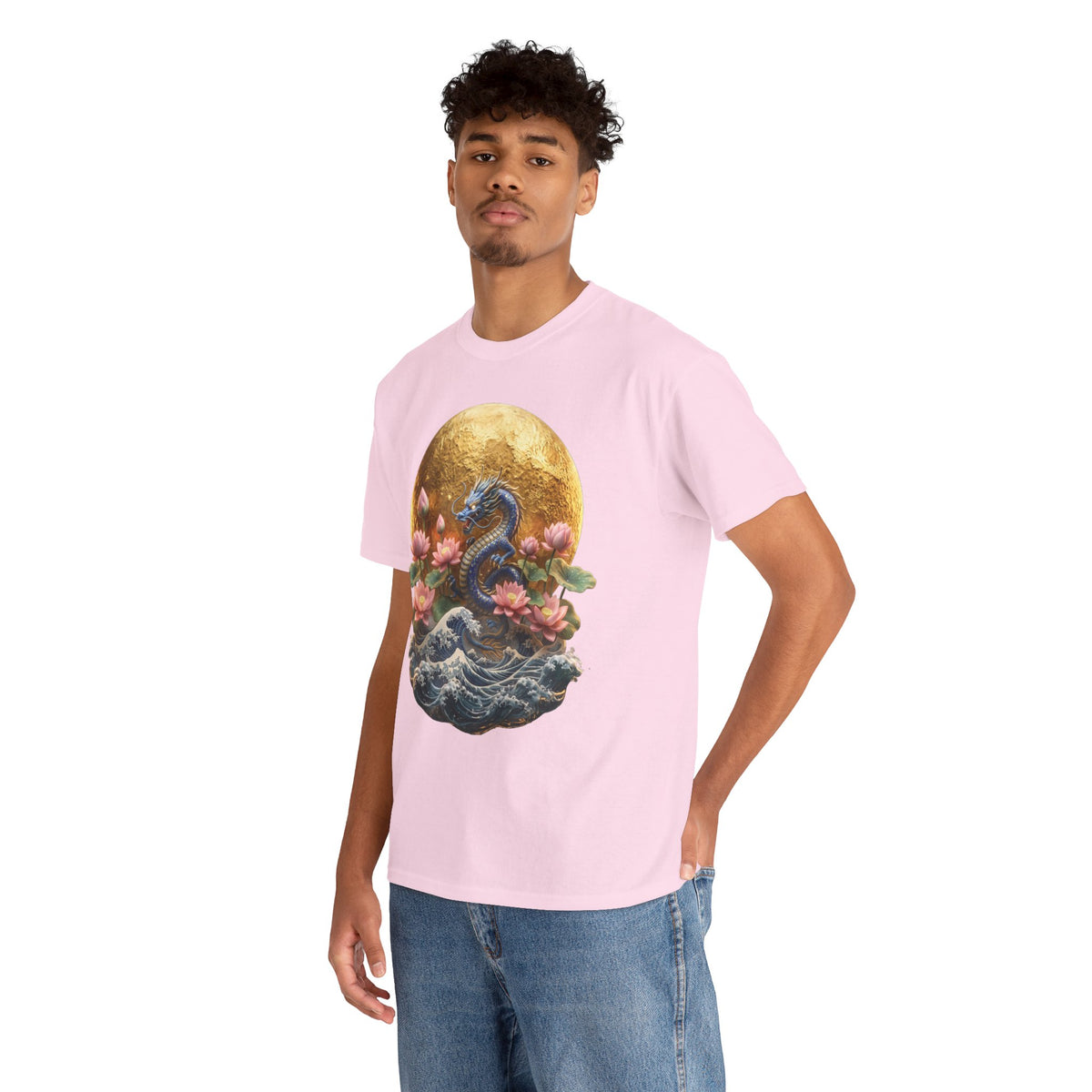 Japanese Dragon & Lotus Moon Graphic Tee - Heavy Cotton Streetwear