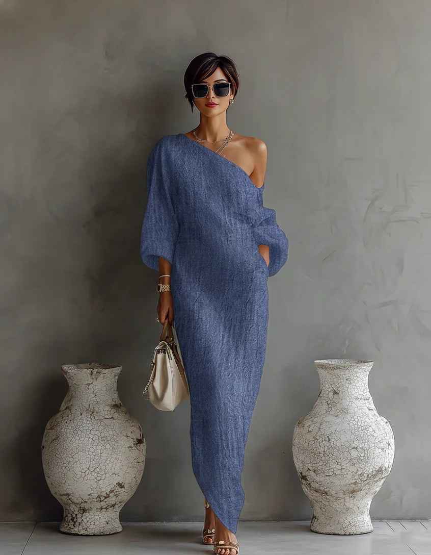 Irregular Off-shoulder Long Dress Fashion Elegant Long-sleeved Dresses Women's Beach Vacation Clothing