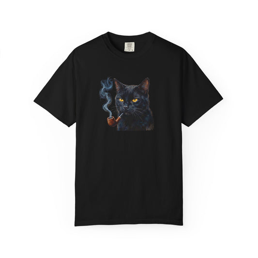 Smoking Cat Graphic T-Shirt — Retro Black Cat with Pipe Tee