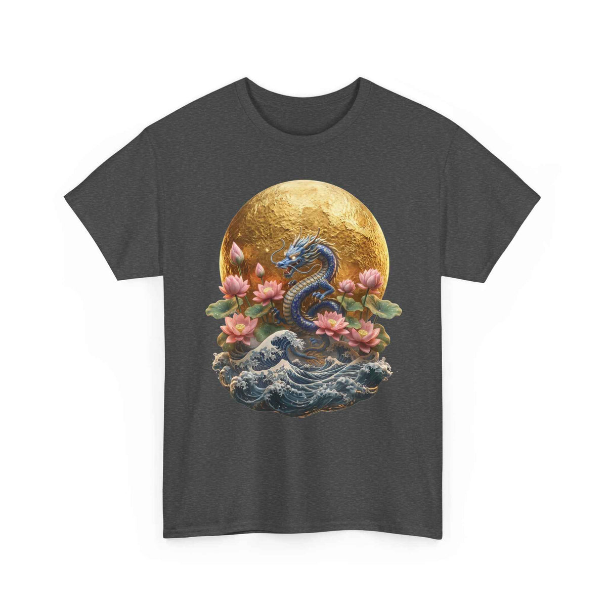 Japanese Dragon & Lotus Moon Graphic Tee - Heavy Cotton Streetwear