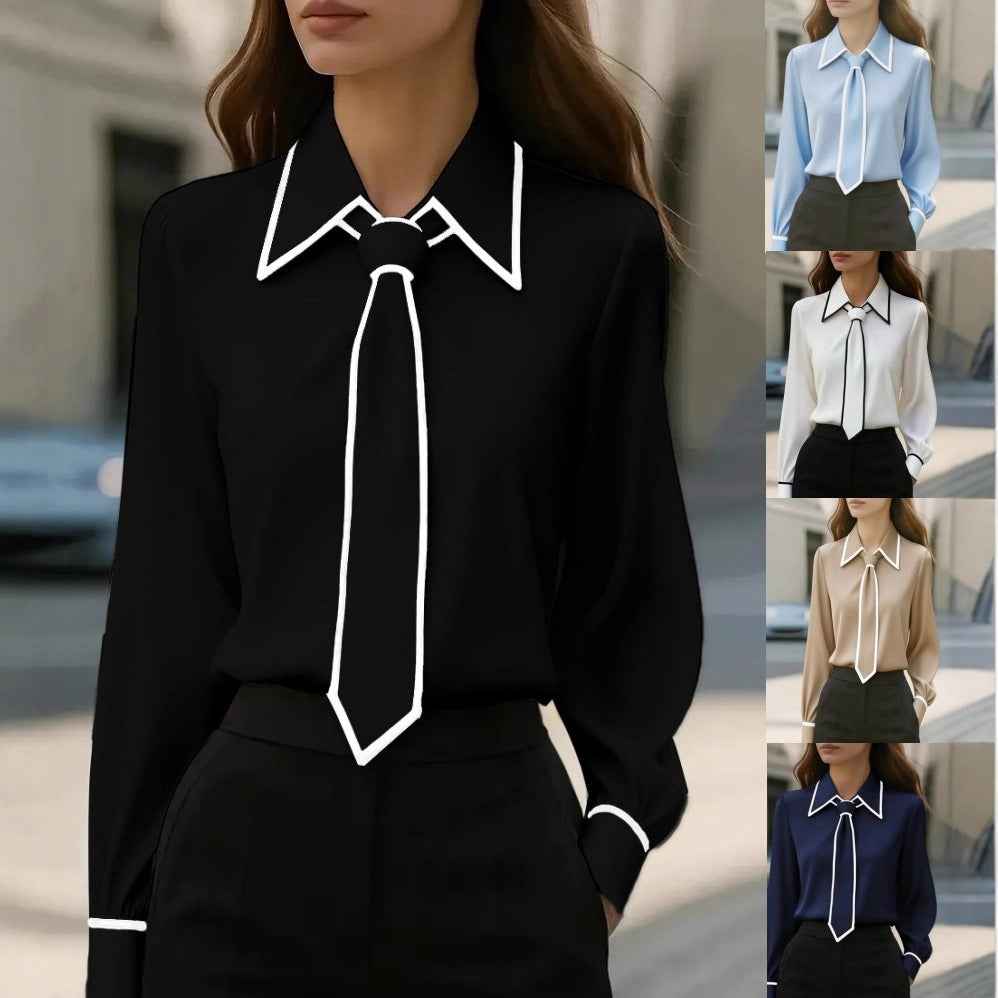 Solid Color Commute Tie Design Long Sleeve Shirt - Women's Elegant Fashion