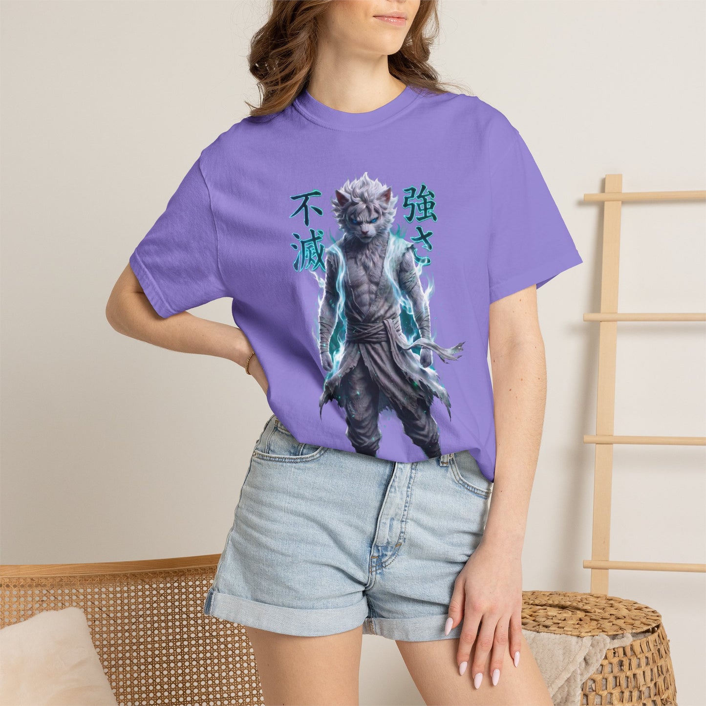Y2K Cyberpunk Graphic Tee White Silver Cat Warrior Unisex Harajuku Style Streetwear Comfort Colors 1717 T-Shirt