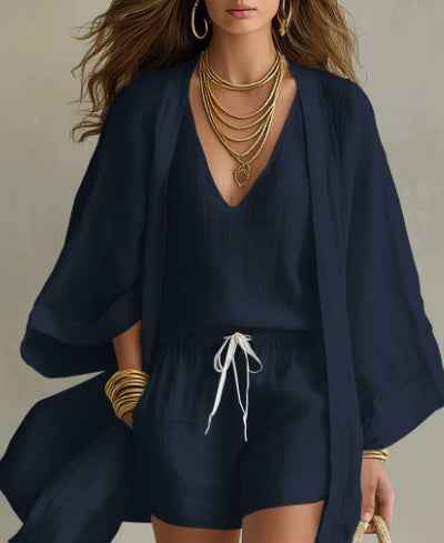 Women's 3-Piece Casual Set: Sleeveless Vest, Cardigan, Shorts