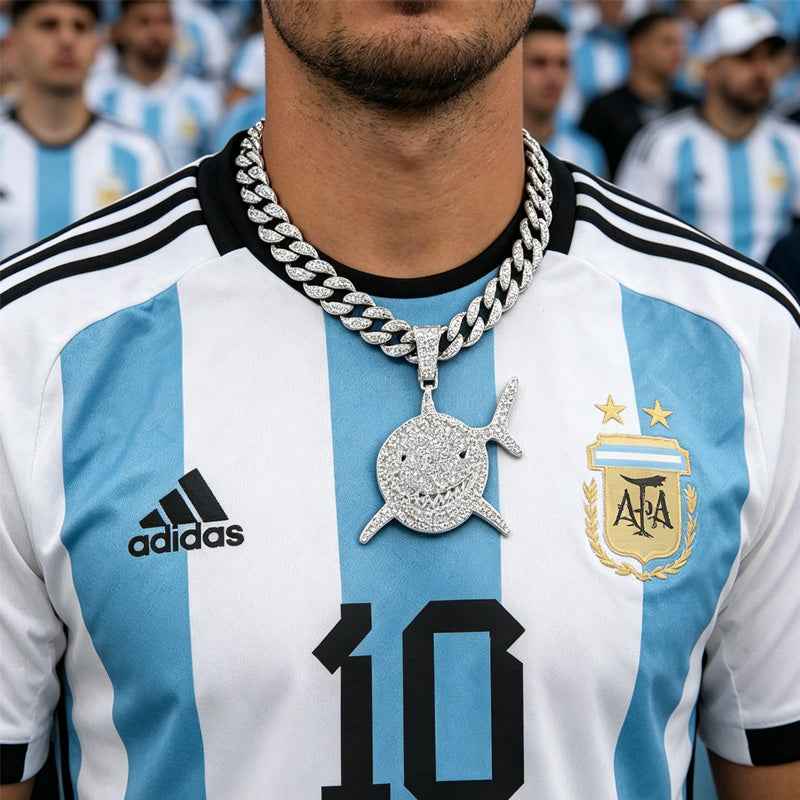 13mm Football Pendant Necklace, Shark Design with Diamonds