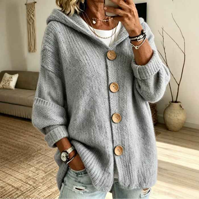 Women's Solid Color Hooded Cardigan Sweater - Casual Loose Fit Knit Top
