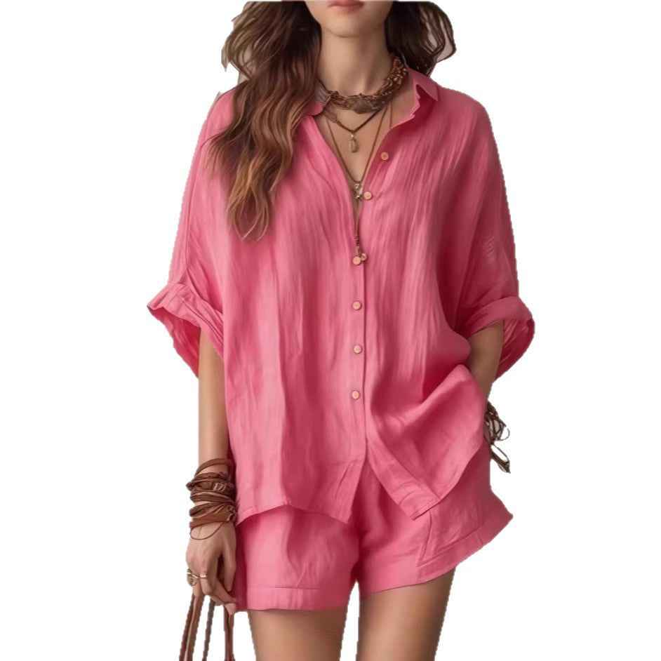 Two-Piece Set Womens Casual Summer Single-Breasted Short-Sleeved Shirt Wide-Leg Shorts For Daily Wear Work Holiday Outfits