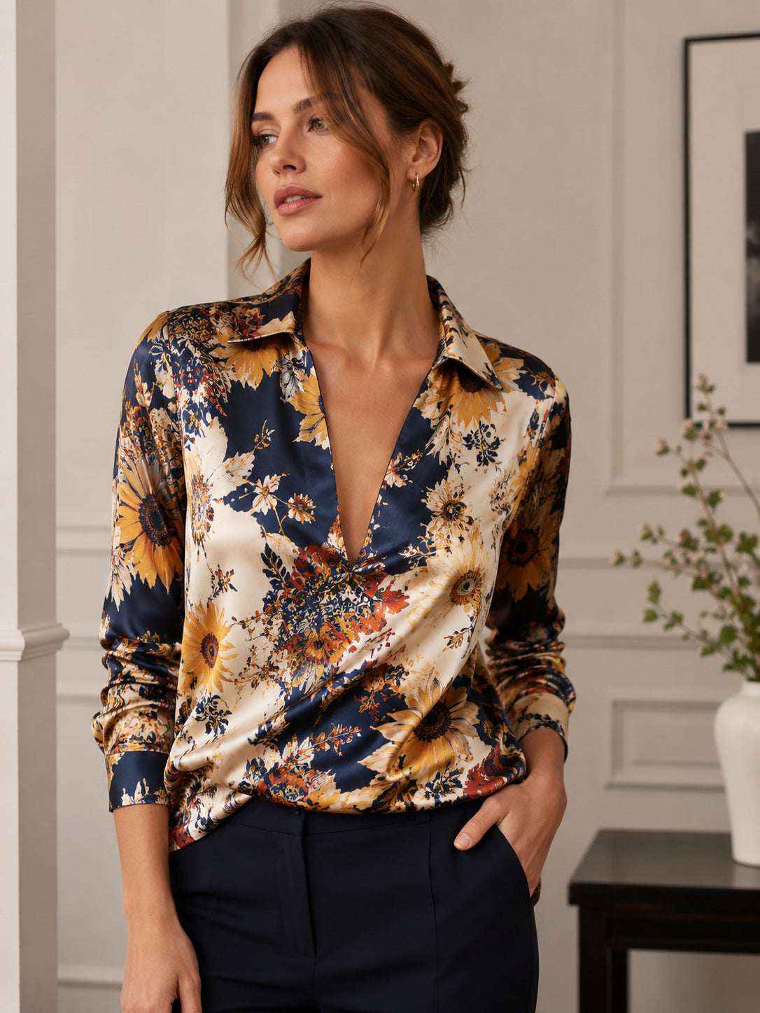 Retro Ink-Wash Floral Lapel Deep-V Satin Blouse - Elegant Vintage Piece