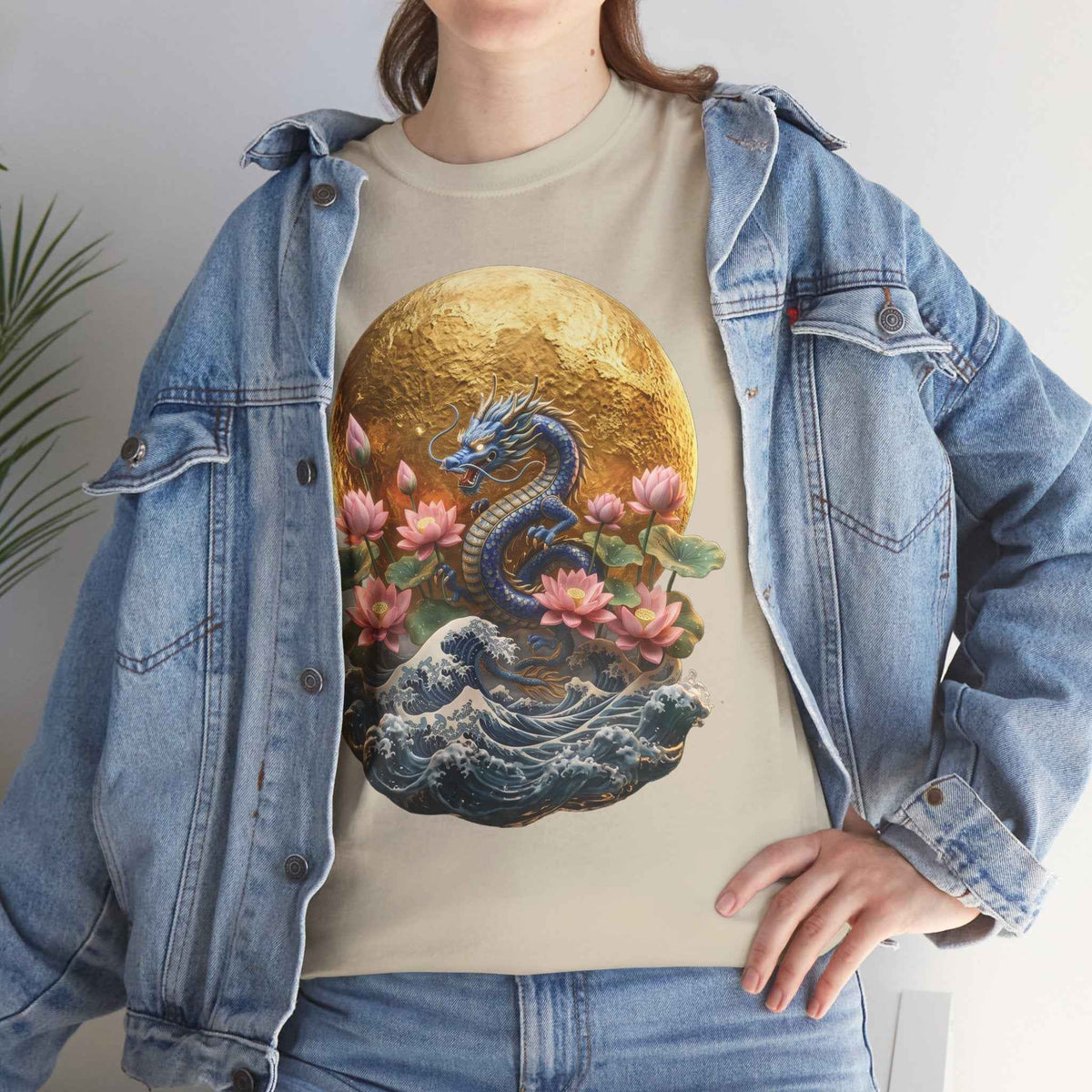 Japanese Dragon & Lotus Moon Graphic Tee - Heavy Cotton Streetwear