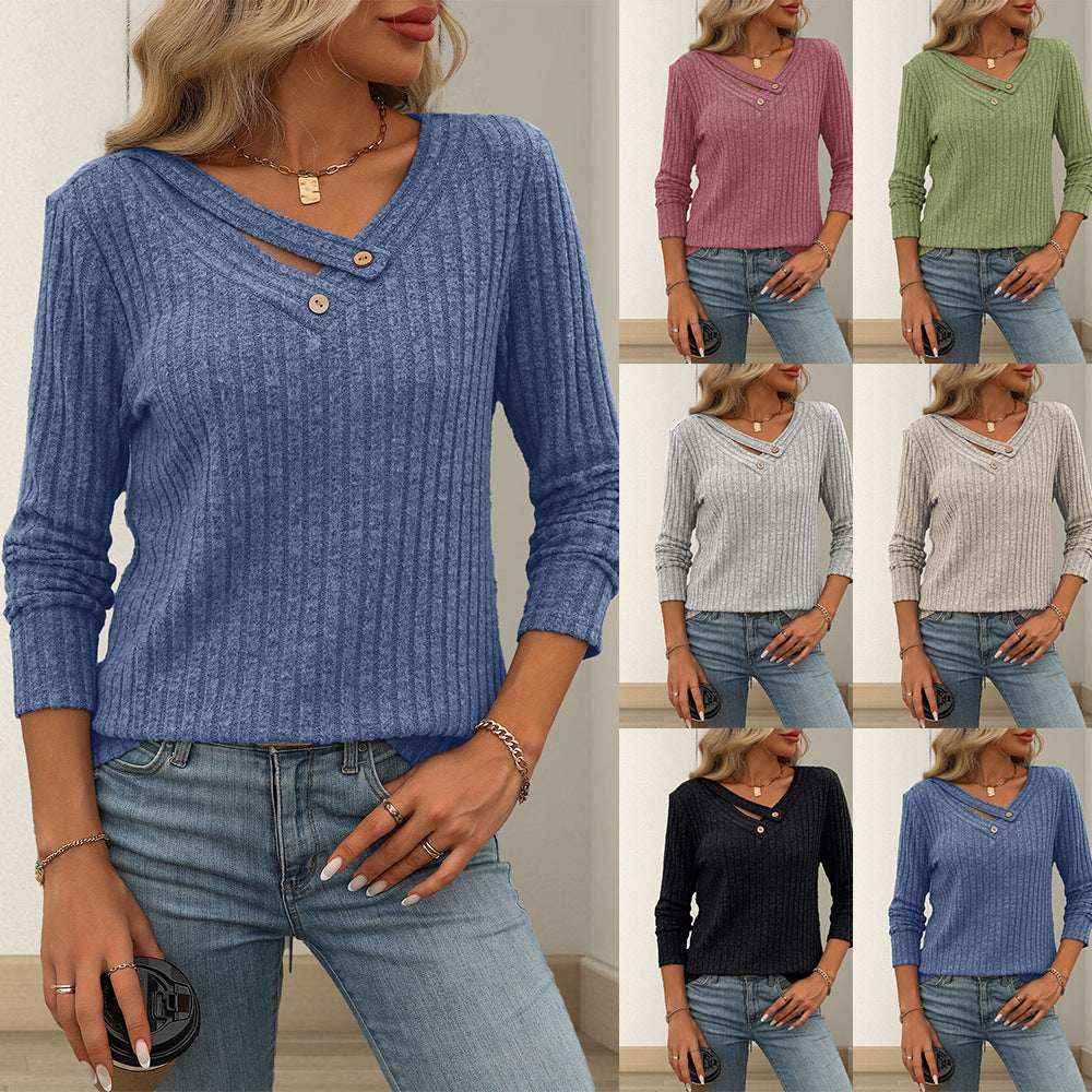 Solid-color V-neck Long-sleeve Knit Top With Buttons