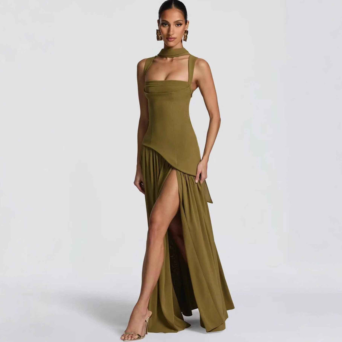 Elegant Olive Green Maxi Dress Summer Flowy Long with Scarf