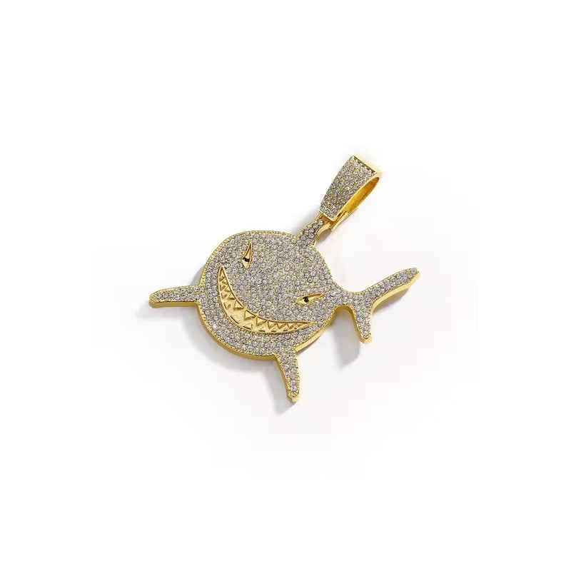 3D Diamond Football & Shark Pendant Necklace - Gold Zinc Alloy Cubic Zirconia