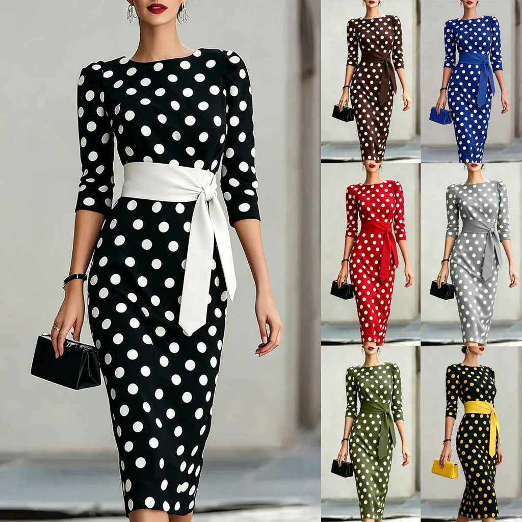 Elegant Polka Dot Midi Dress with Waist Belt - Formal & Office Wear