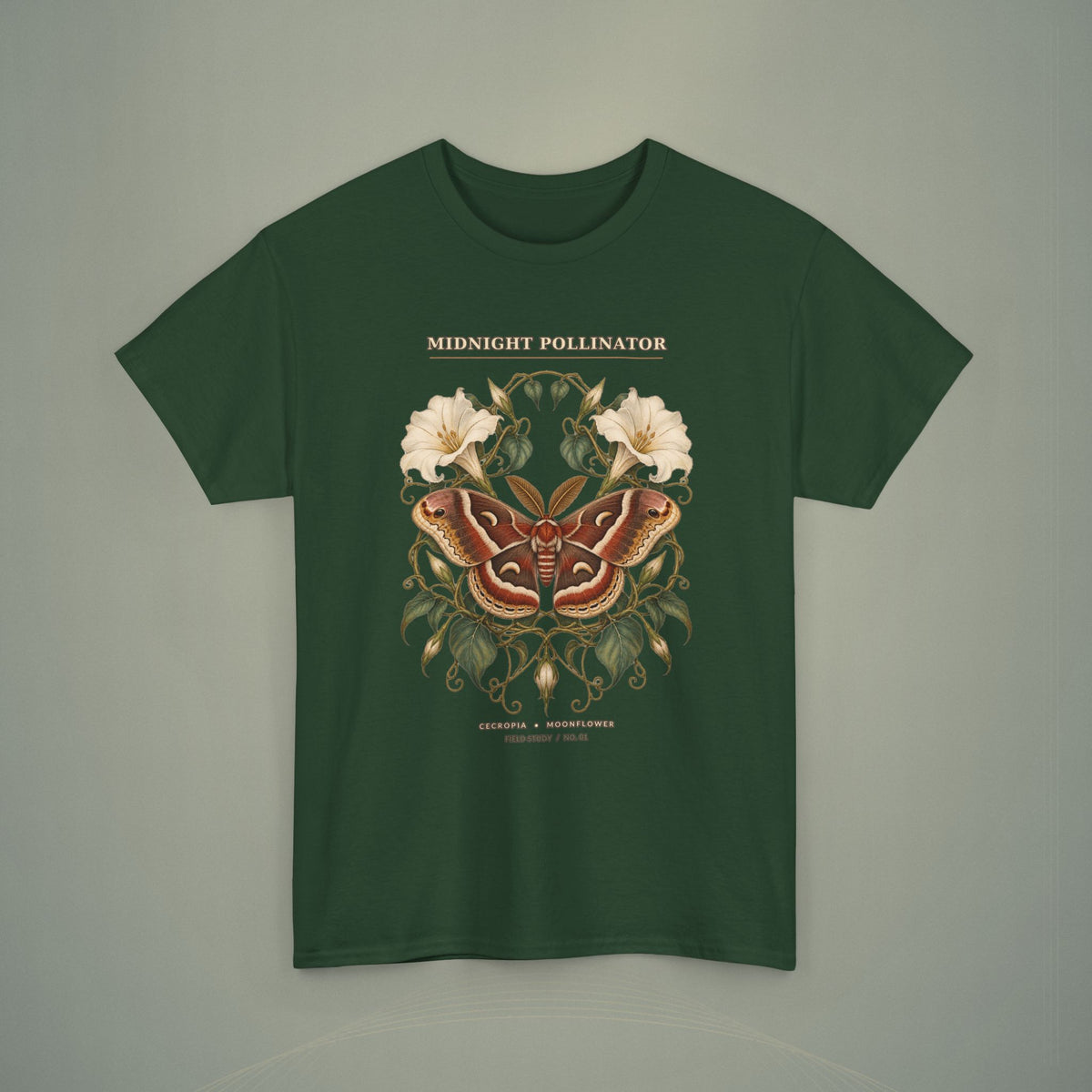 Midnight Pollinator Cecropia Moth & Moonflower Graphic Tee | Vintage Botanical Night Garden Shirt
