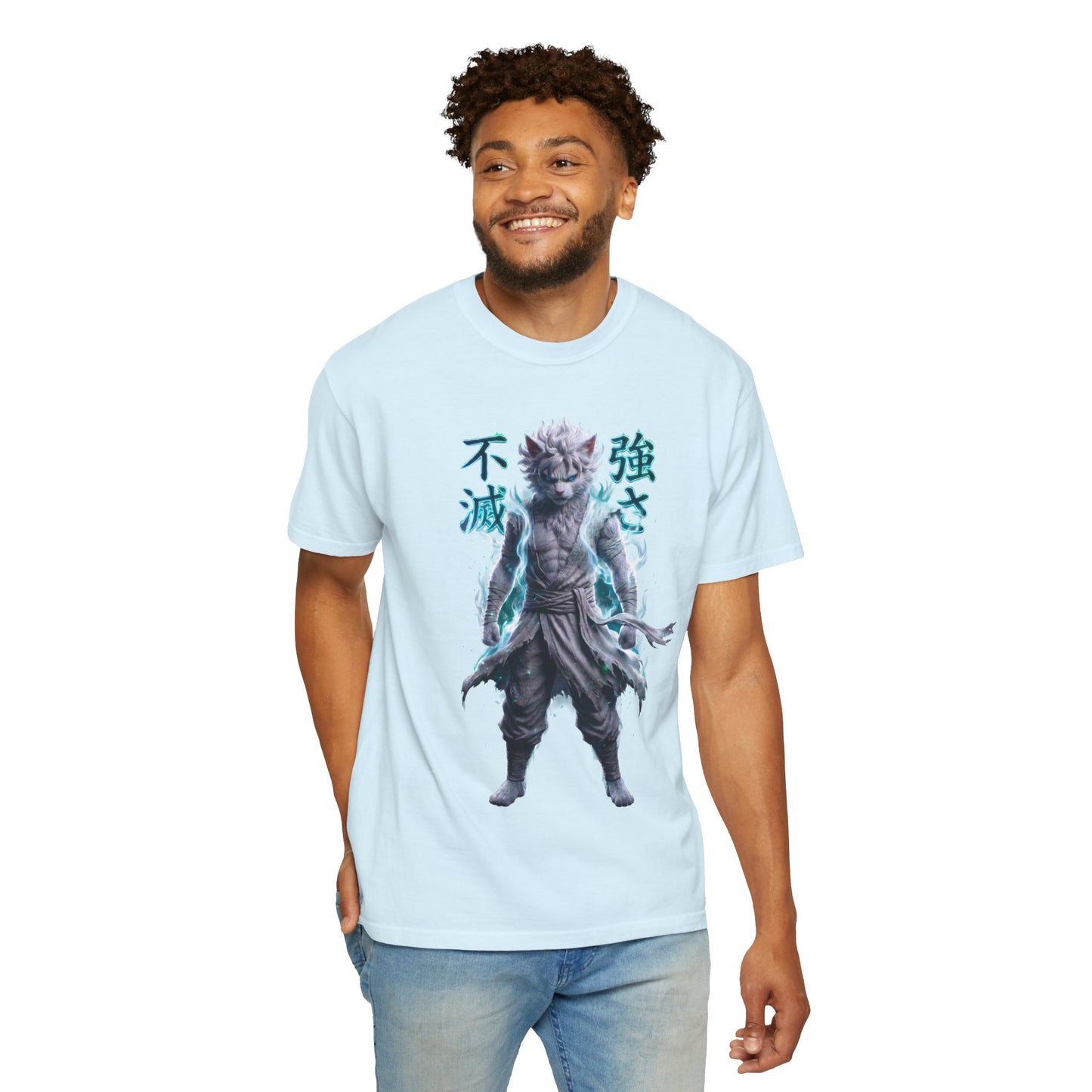 Y2K Cyberpunk Graphic Tee White Silver Cat Warrior Unisex Harajuku Style Streetwear Comfort Colors 1717 T-Shirt