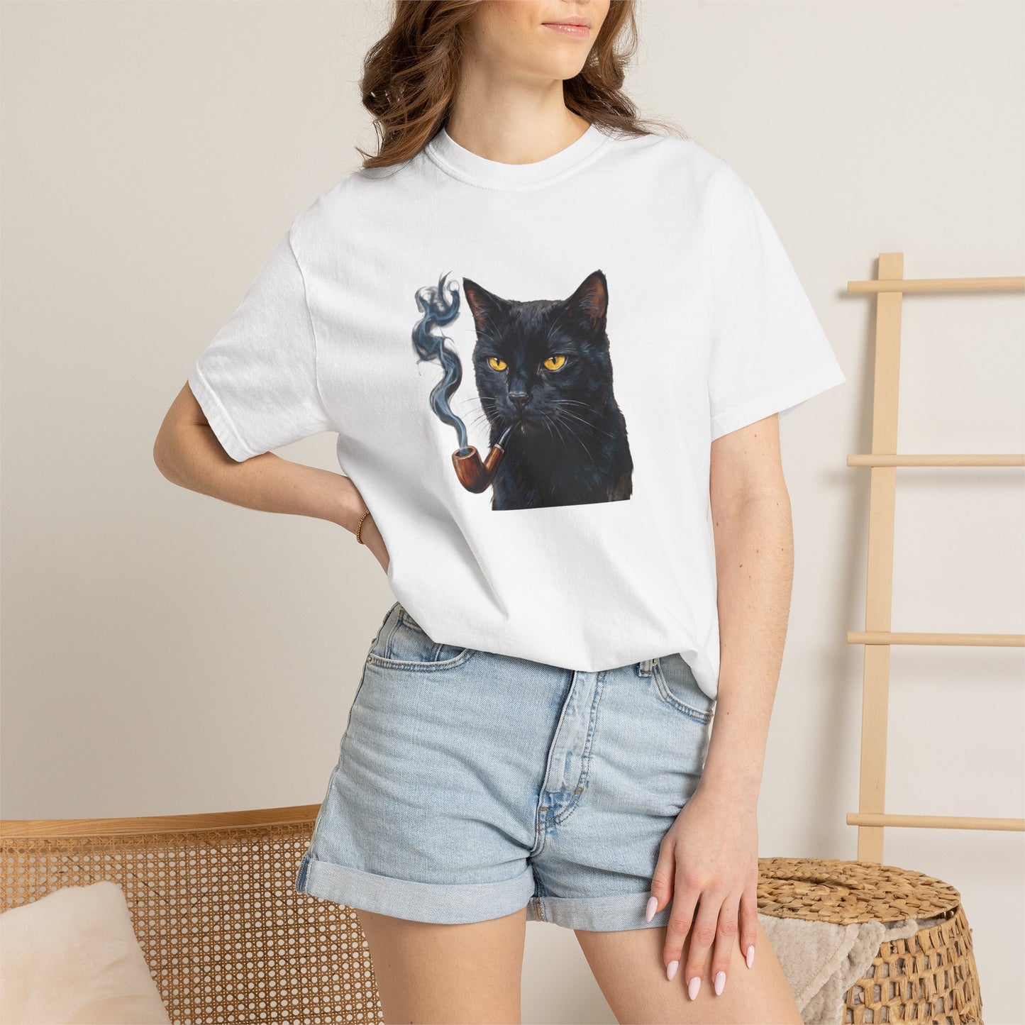 Smoking Cat Graphic T-Shirt — Retro Black Cat with Pipe Tee