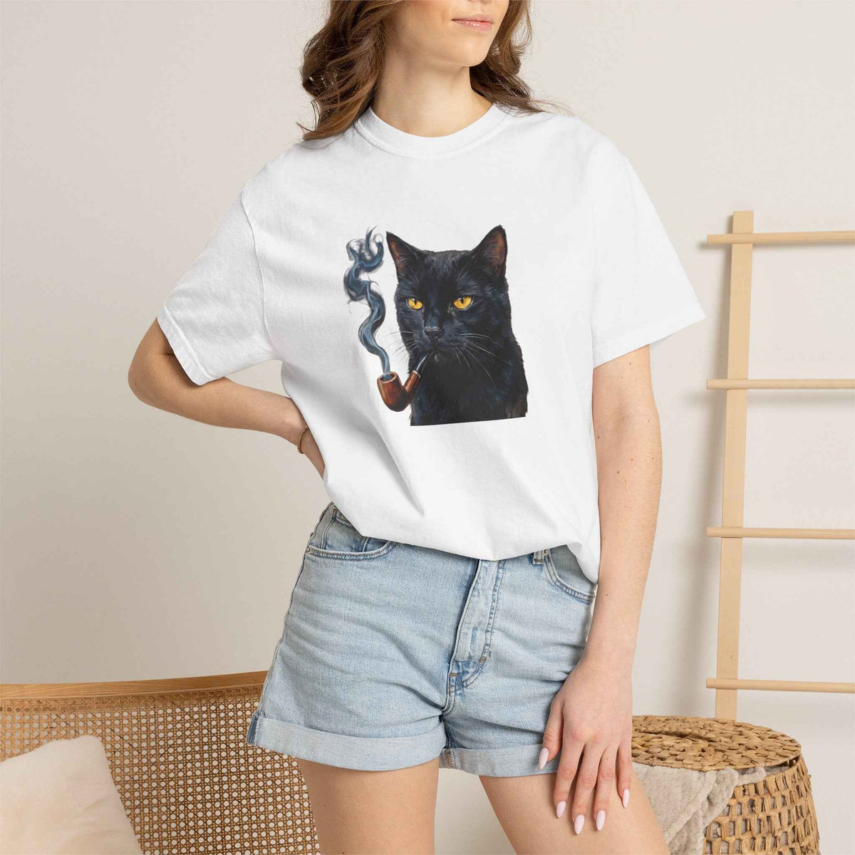 Smoking Cat Graphic T-Shirt — Vintage Noir Cat with Pipe Tee