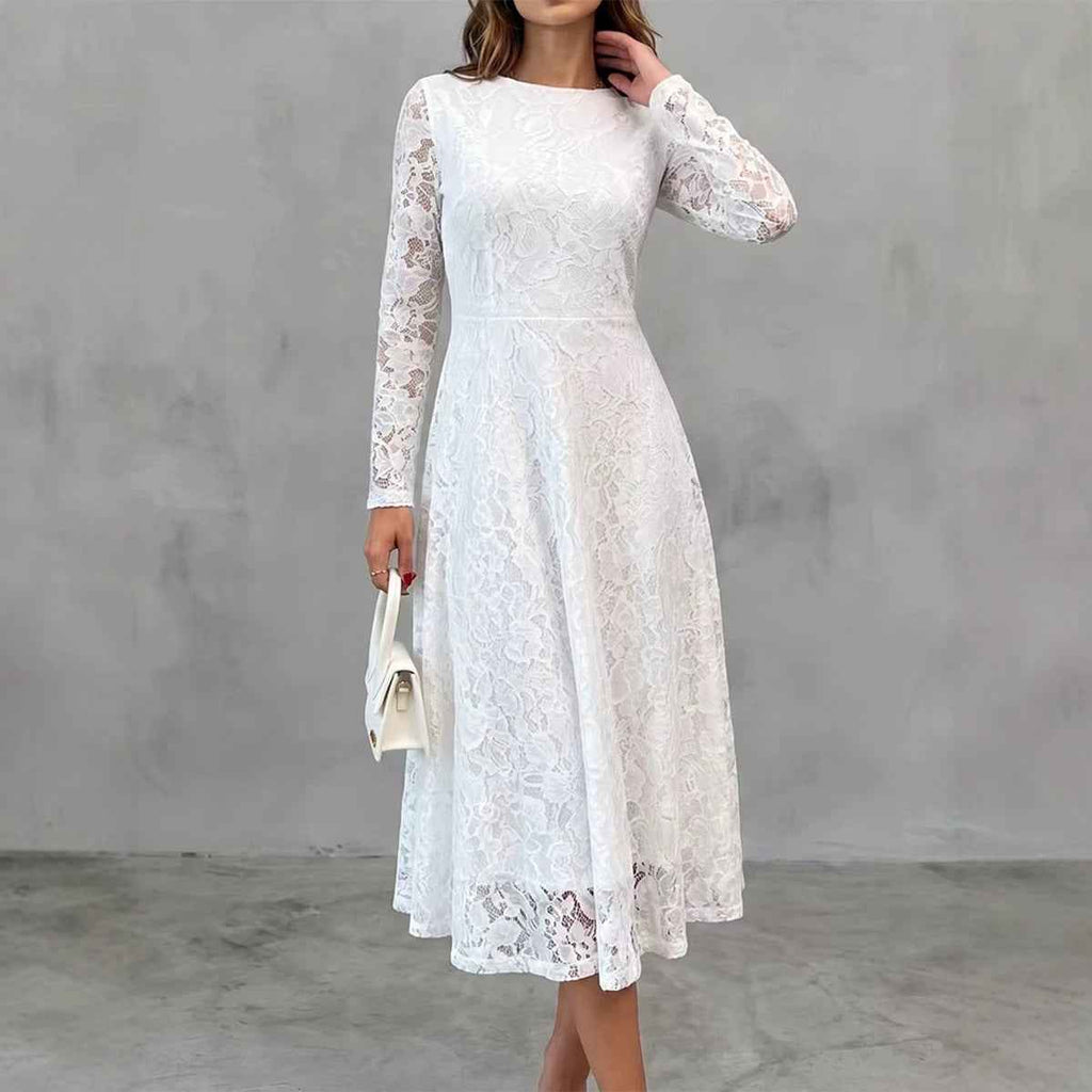 Womens Solid-Color Elegant Long-Sleeve Lace Waist-Cinching Dress