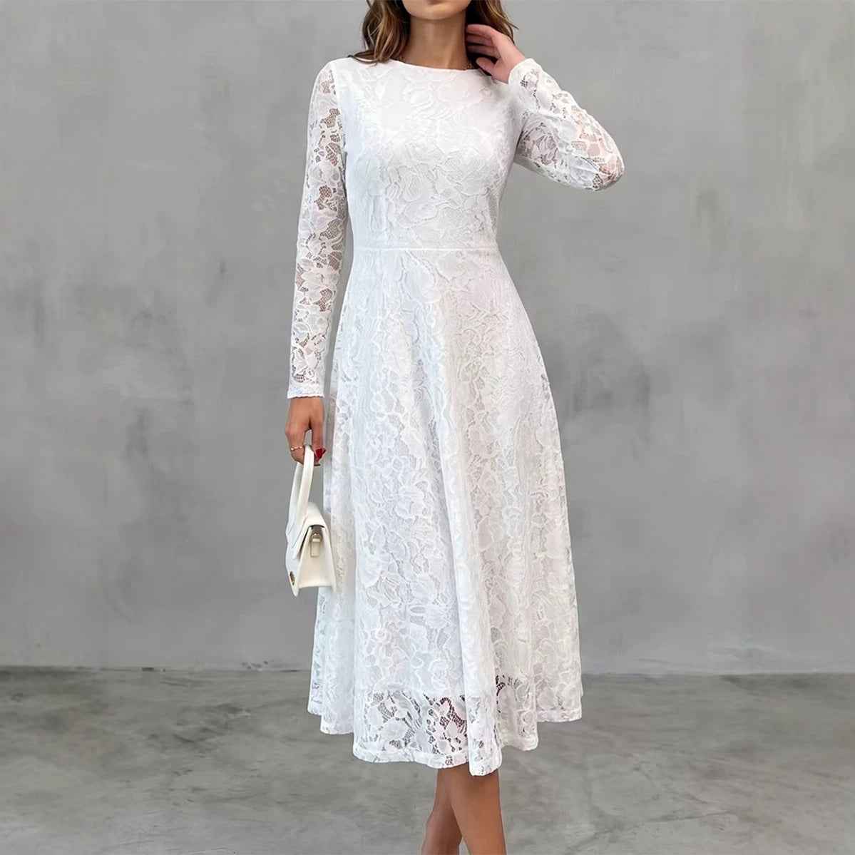 Womens Solid-Color Elegant Long-Sleeve Lace Waist-Cinching Dress