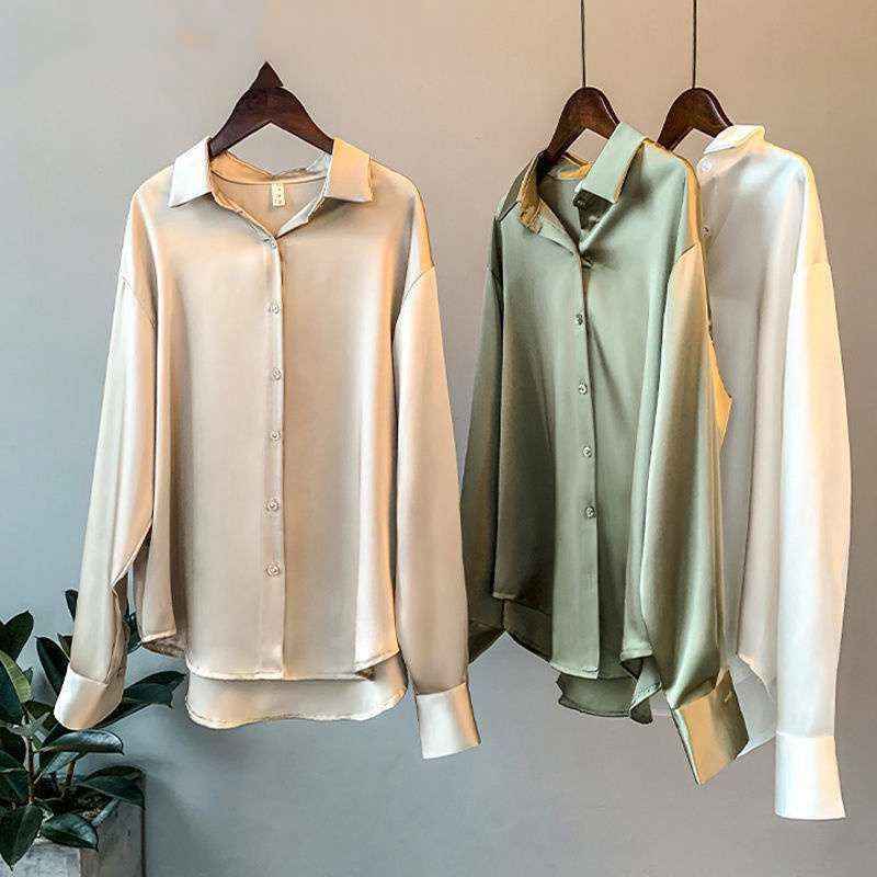 Pearl White Satin Long Sleeve Blouse - Elegant, Versatile Office Wear