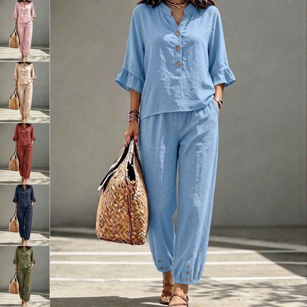 Women's Retro V-Neck Top & Cropped Wide Leg Trousers Set, Casual Button Three-Quarter Sleeve Office Suit