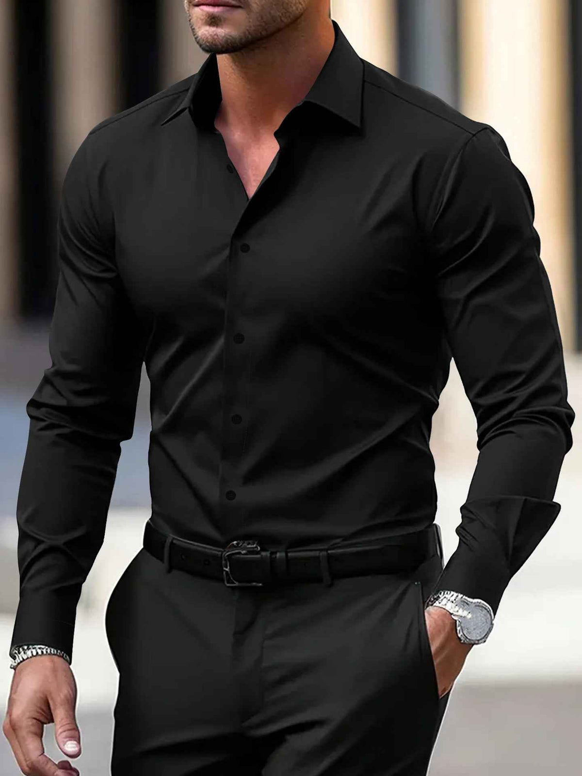 Men's Business Button-Down Shirt - Summer Solid Color Lapel Style