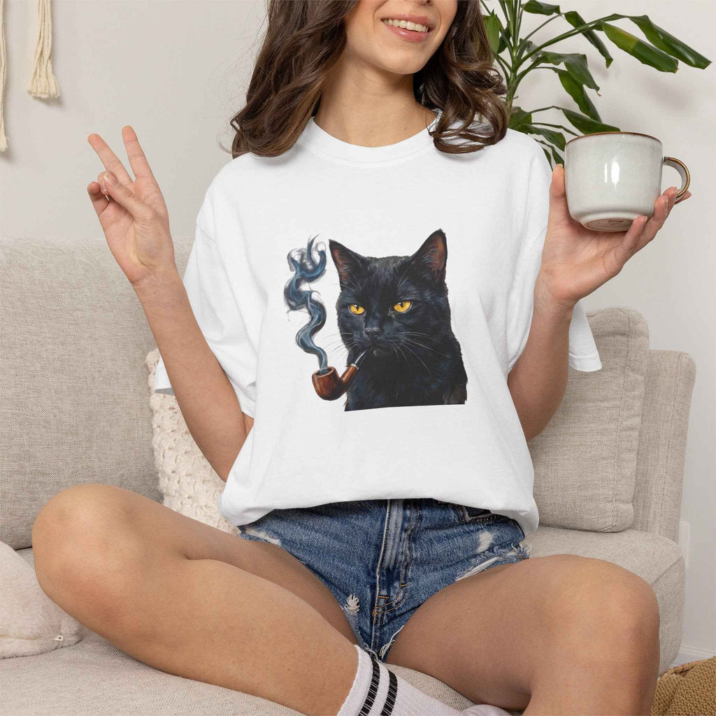 Smoking Cat Graphic T-Shirt — Vintage Noir Cat with Pipe Tee