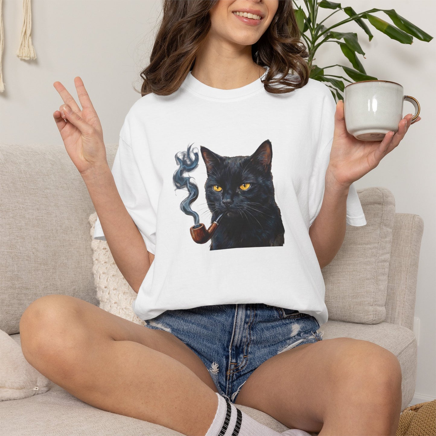 Smoking Cat Graphic T-Shirt — Retro Black Cat with Pipe Tee