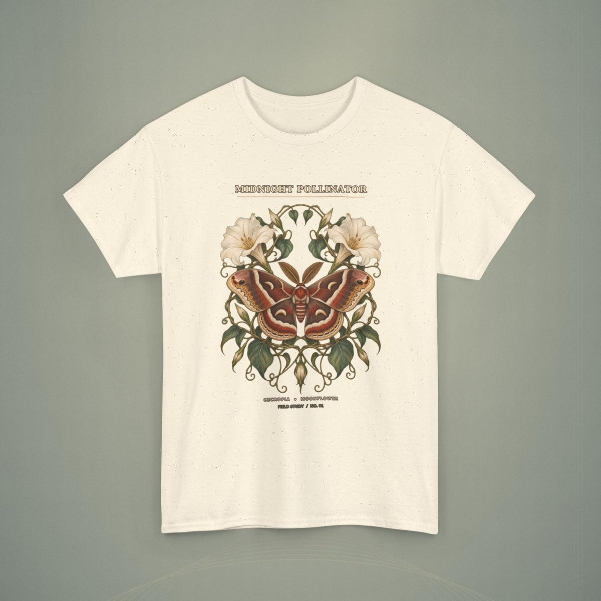 Midnight Pollinator Cecropia Moth & Moonflower Graphic Tee | Vintage Botanical Night Garden Shirt