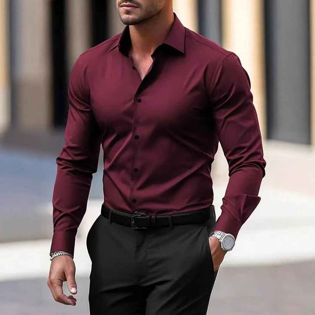 Men's Business Button-Down Shirt - Summer Solid Color Lapel Style